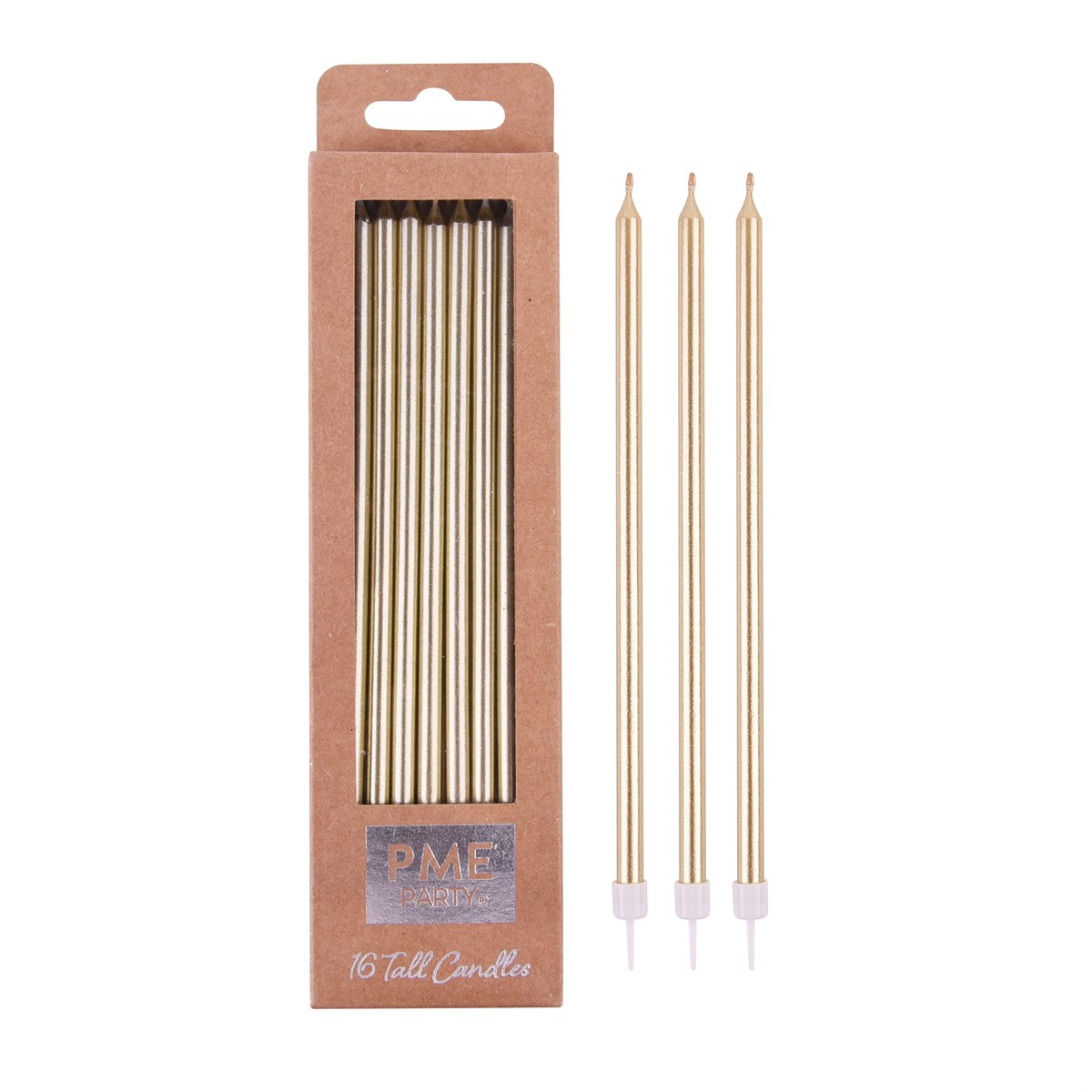 Velas - Extra Largas Doradas con Soporte, Pack de 16 (18 cm / 7")