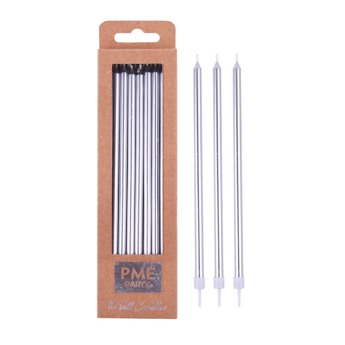 Velas - Extra Largas Plateadas con Soporte, Pack de 16 (18 cm / 7")