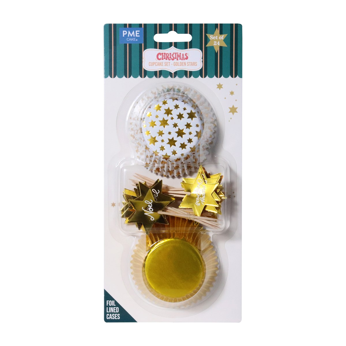 Navidad Set de 24 Cápsulas para Cupcakes y Toppers - Estrellas Doradas